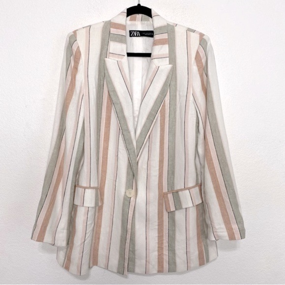 ZARA Striped Lapel Collar Oversized One Button Jacket Blazer Size Medium - Picture 2 of 12